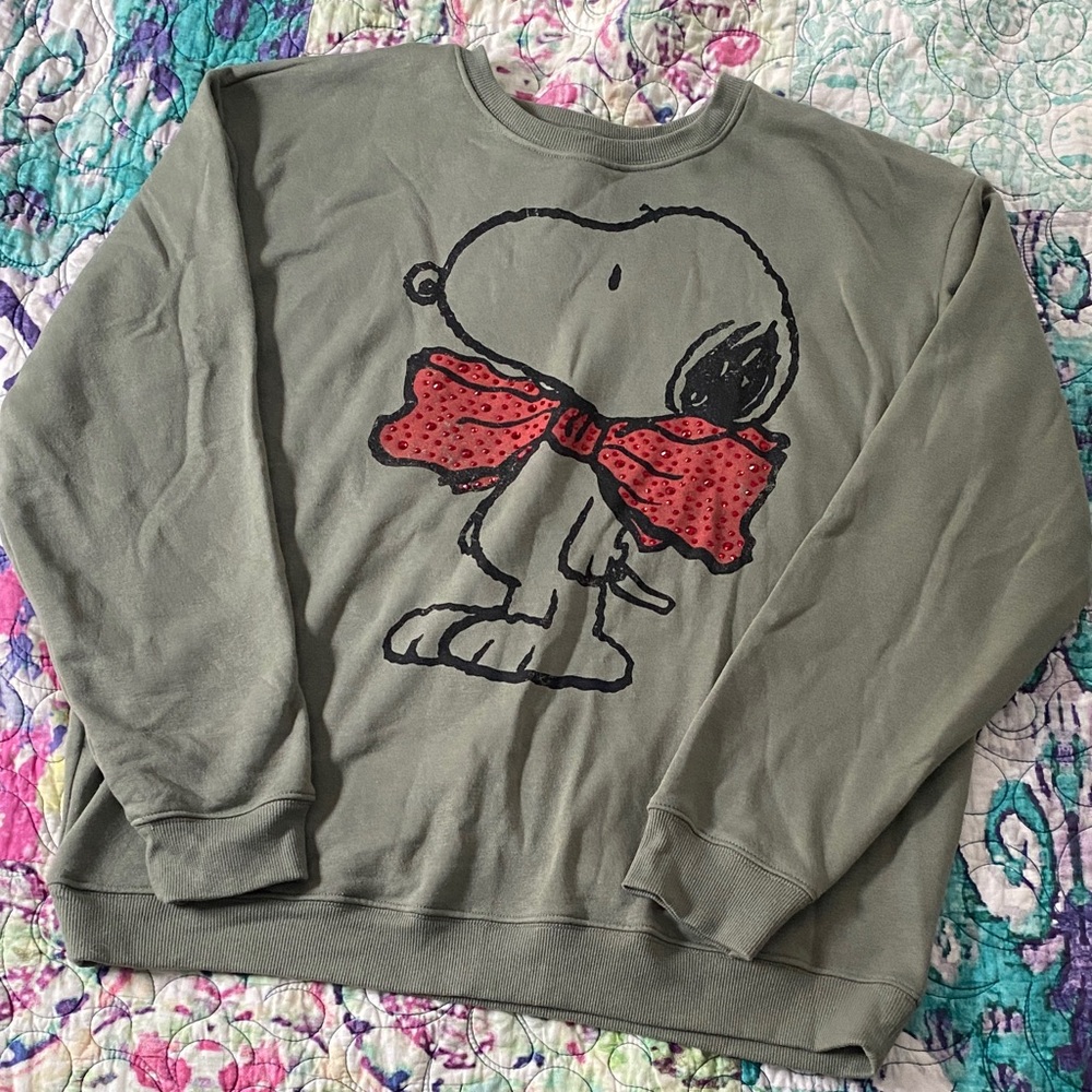 Peanuts Snoopy Sweatshirt - Olive with Red Bow